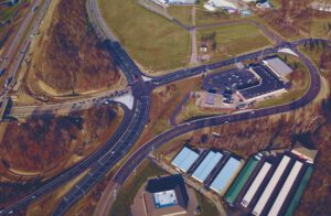 Overhead shot of a road and some buildings