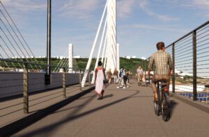 3D render of biker on bridge with people walking